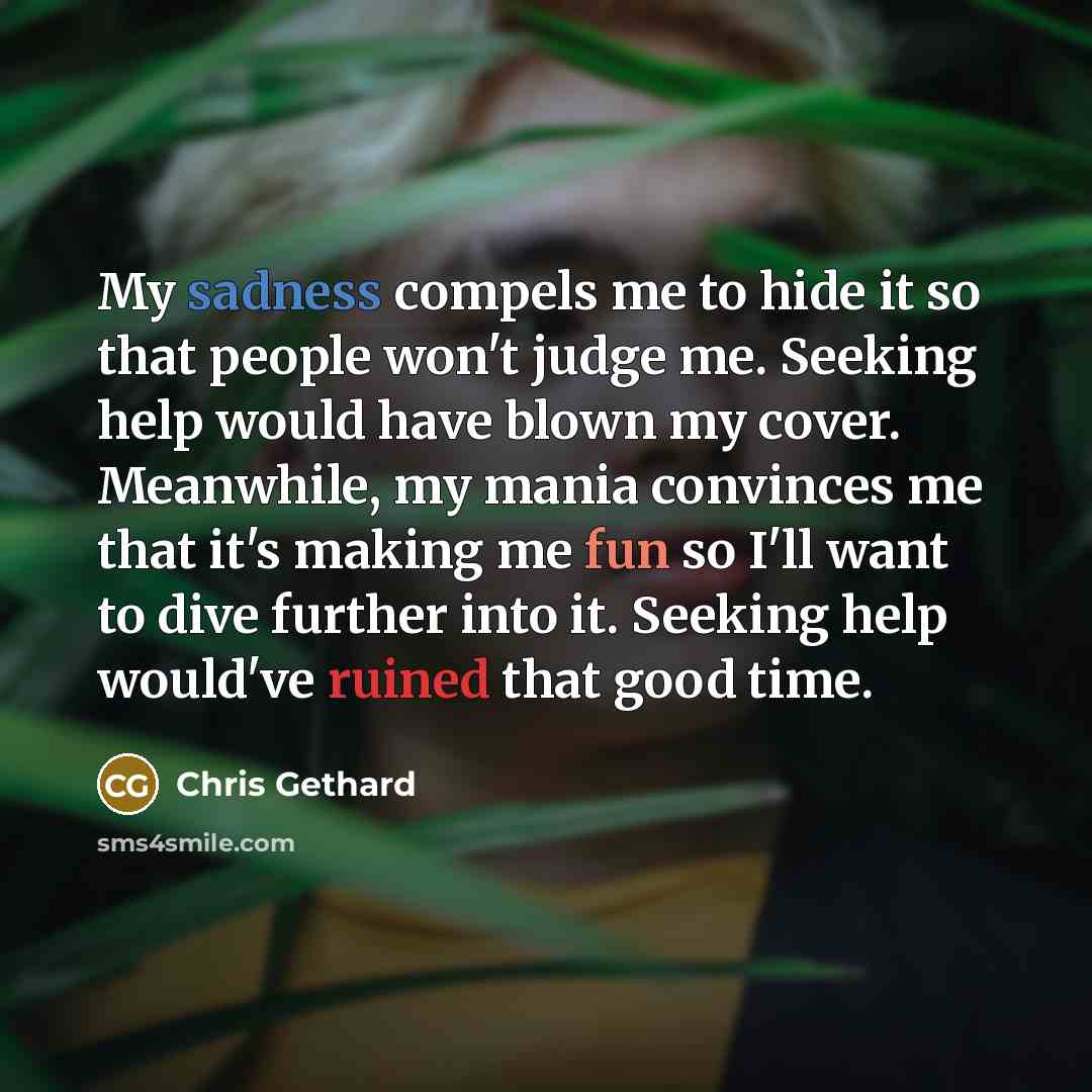 “My sadness compels me to hide it so that people won't judge me. Seeking help would have blown my cover. Meanwhile, my mania convinces me that it's making me fun so I'll want to dive further into it. Seeking help would've ruined that good time.” quote by Chris Gethard