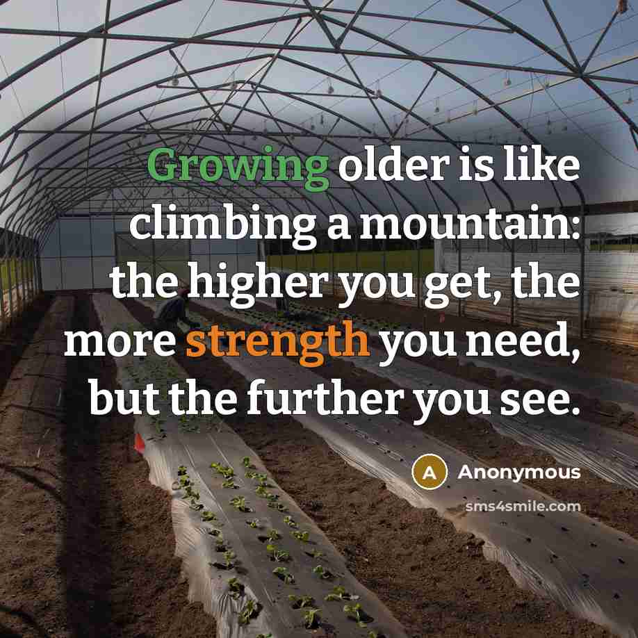 “Growing older is like climbing a mountain: the higher you get, the more strength you need, but the further you see.” quote by Anonymous