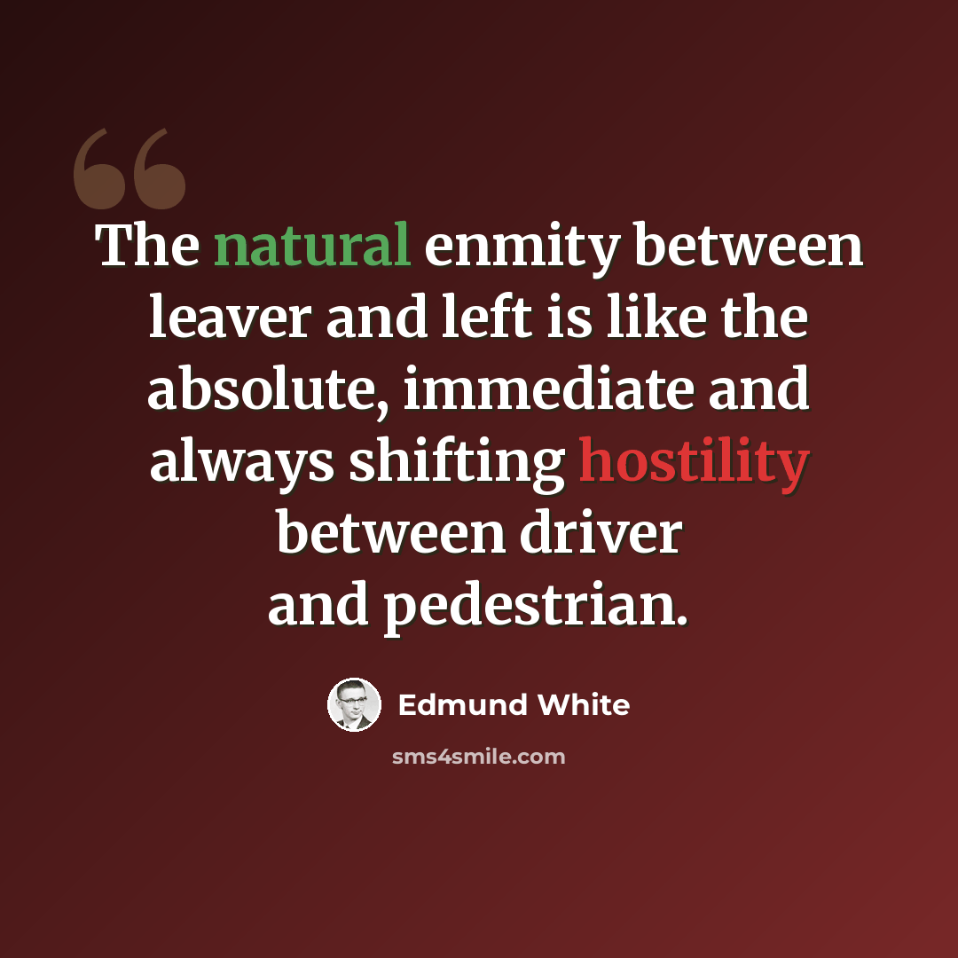 “The natural enmity between leaver and left is like the absolute, immediate and always shifting hostility between driver and pedestrian.” quote by Edmund White