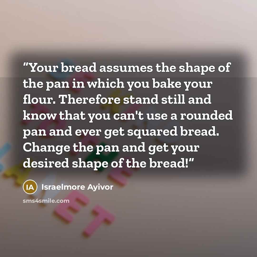 “Your bread assumes the shape of the pan in which you bake your flour. Therefore stand still and know that you can't use a rounded pan and ever get squared bread. Change the pan and get your desired shape of the bread!” quote by Israelmore Ayivor