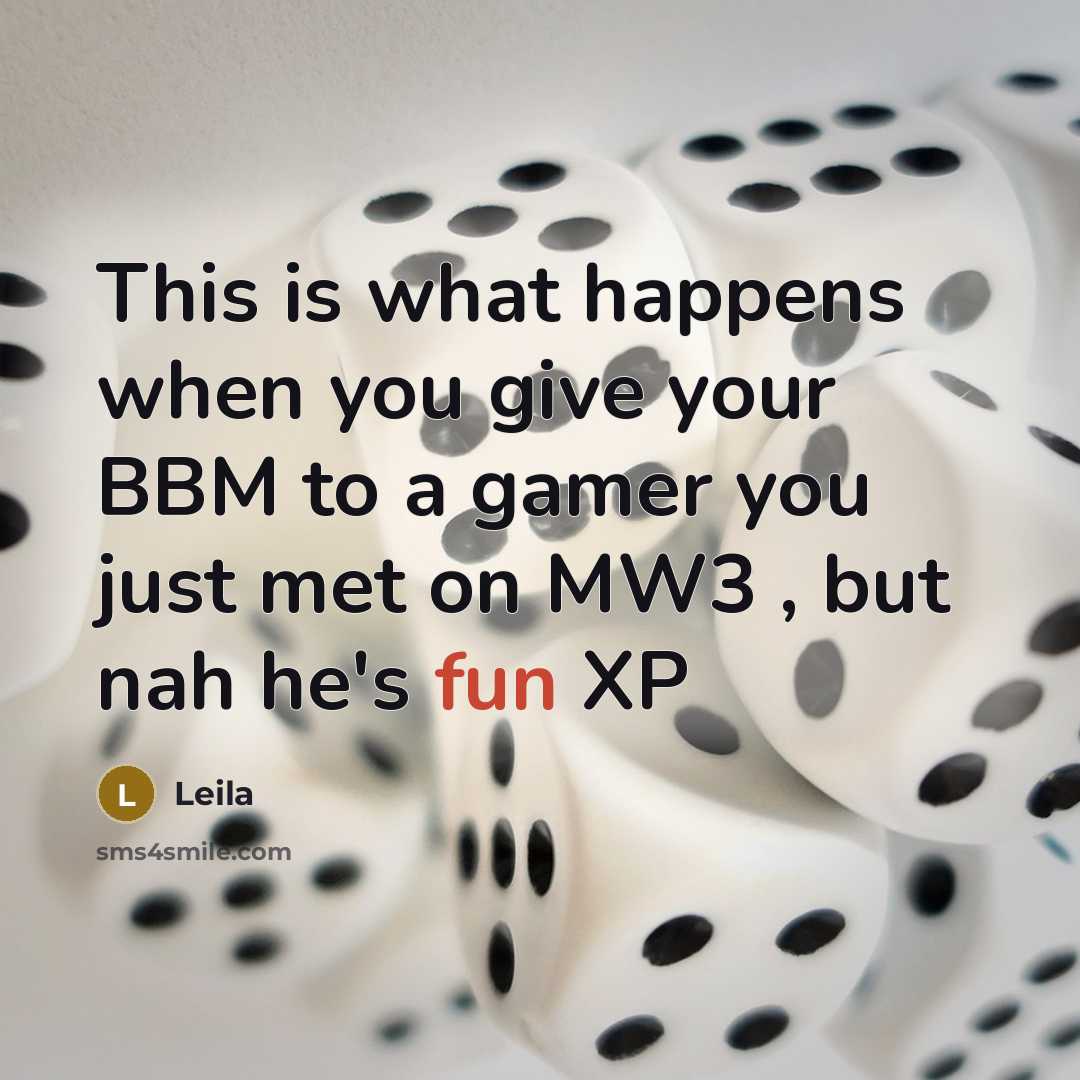 “This is what happens when you give your BBM to a gamer you just met on MW3 , but nah he's fun XP” quote by Leila