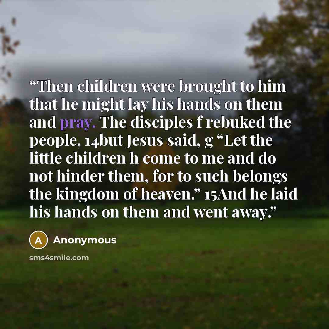 “Then children were brought to him that he might lay his hands on them and pray. The disciples f rebuked the people, 14but Jesus said, g “Let the little children h come to me and do not hinder them, for to such belongs the kingdom of heaven.” 15And he laid his hands on them and went away.” quote by Anonymous