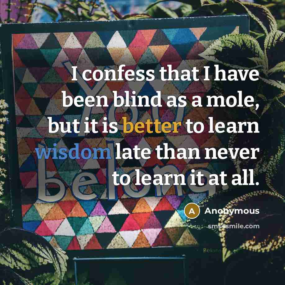 “I confess that I have been blind as a mole, but it is better to learn wisdom late than never to learn it at all.” quote by Anonymous