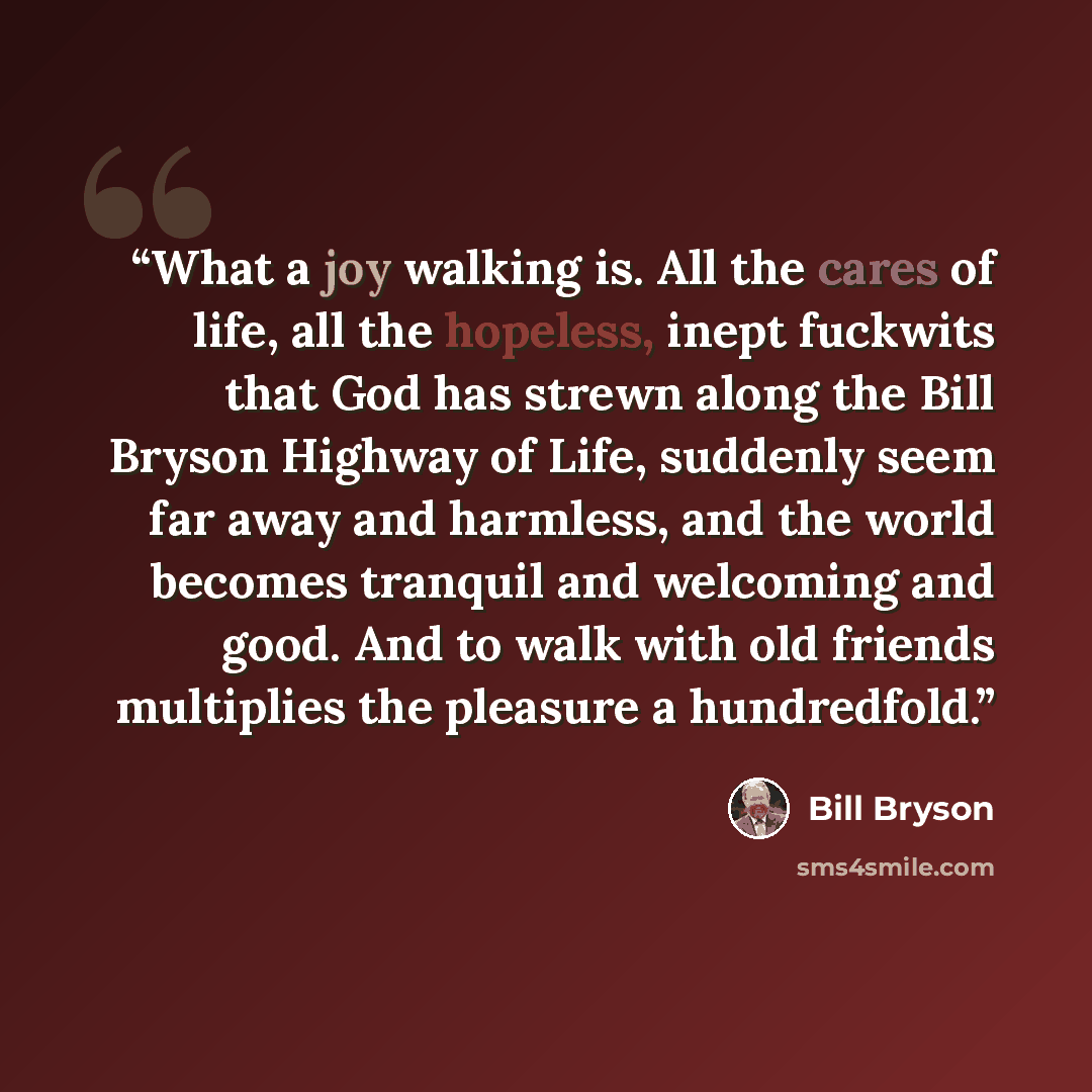 “What a joy walking is. All the cares of life, all the hopeless, inept fuckwits that God has strewn along the Bill Bryson Highway of Life, suddenly seem far away and harmless, and the world becomes tranquil and welcoming and good. And to walk with old friends multiplies the pleasure a hundredfold.” quote by Bill Bryson