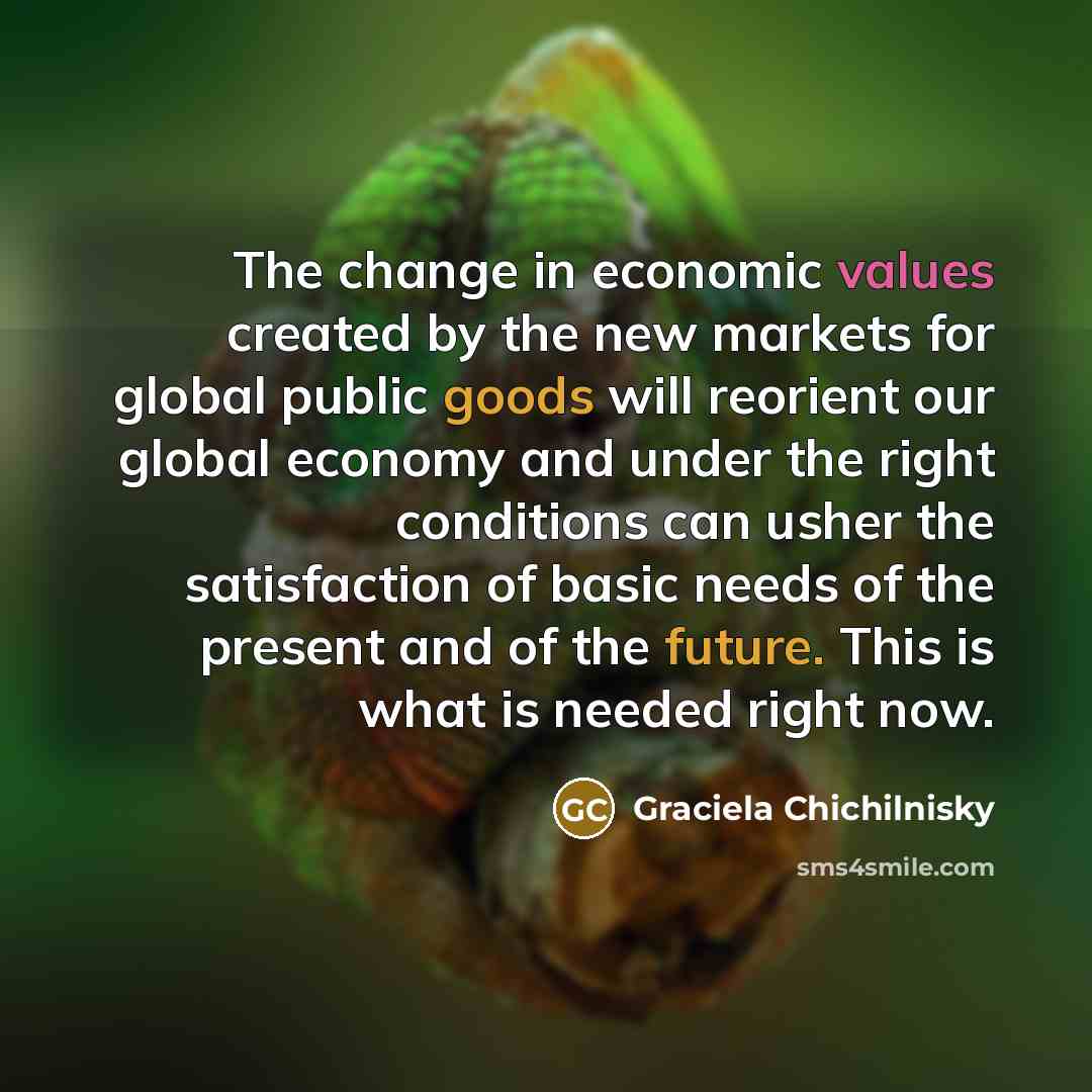 “The change in economic values created by the new markets for global public goods will reorient our global economy and under the right conditions can usher the satisfaction of basic needs of the present and of the future. This is what is needed right now.” quote by Graciela Chichilnisky