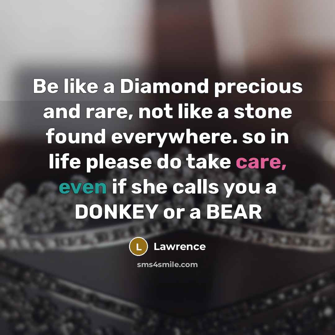 “Be like a Diamond precious and rare, not like a stone found everywhere. so in life please do take care, even if she calls you a DONKEY or a BEAR” quote by Lawrence