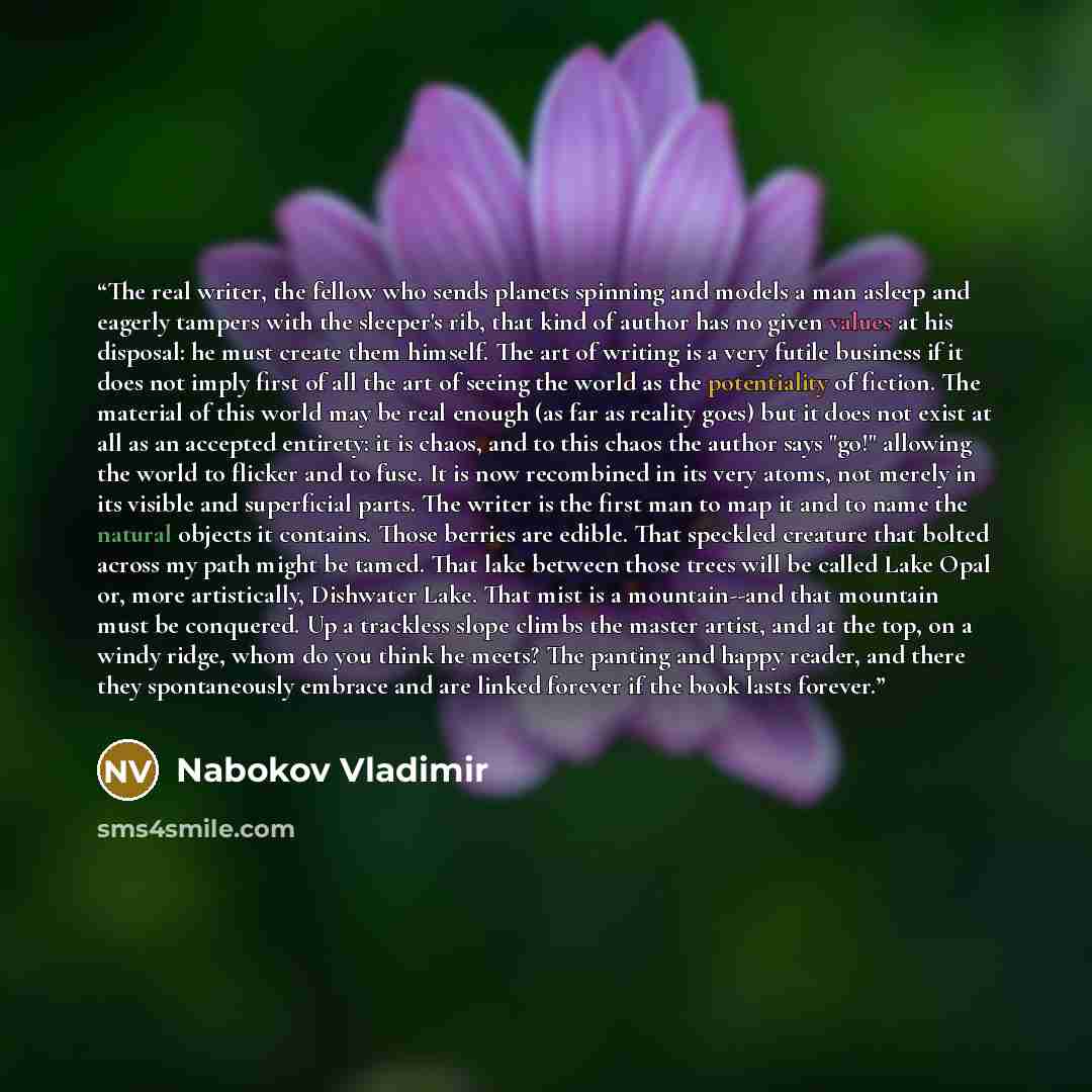 “The real writer, the fellow who sends planets spinning and models a man asleep and eagerly tampers with the sleeper's rib, that kind of author has no given values at his disposal: he must create them himself. The art of writing is a very futile business if it does not imply first of all the art of…” quote by Nabokov Vladimir