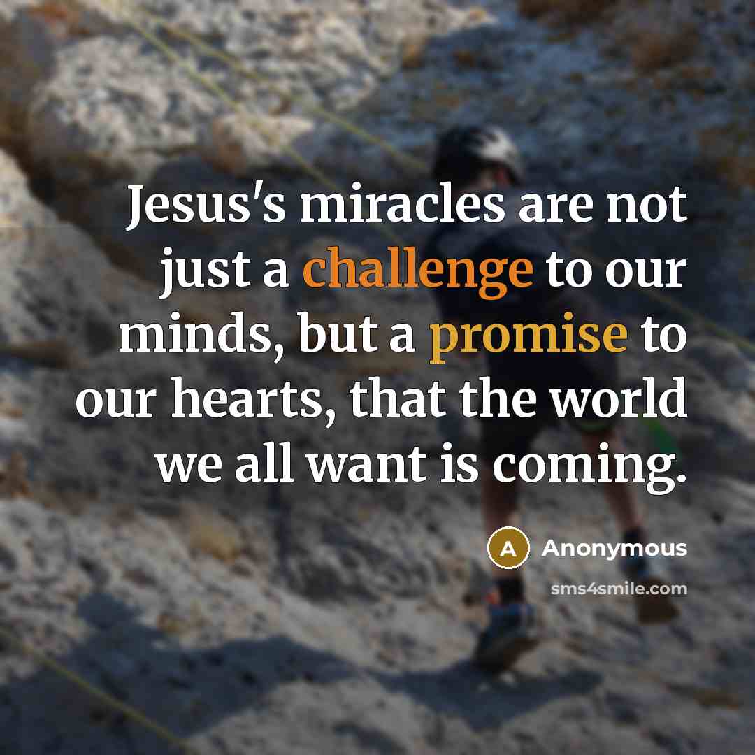 “Jesus's miracles are not just a challenge to our minds, but a promise to our hearts, that the world we all want is coming.” quote by Anonymous
