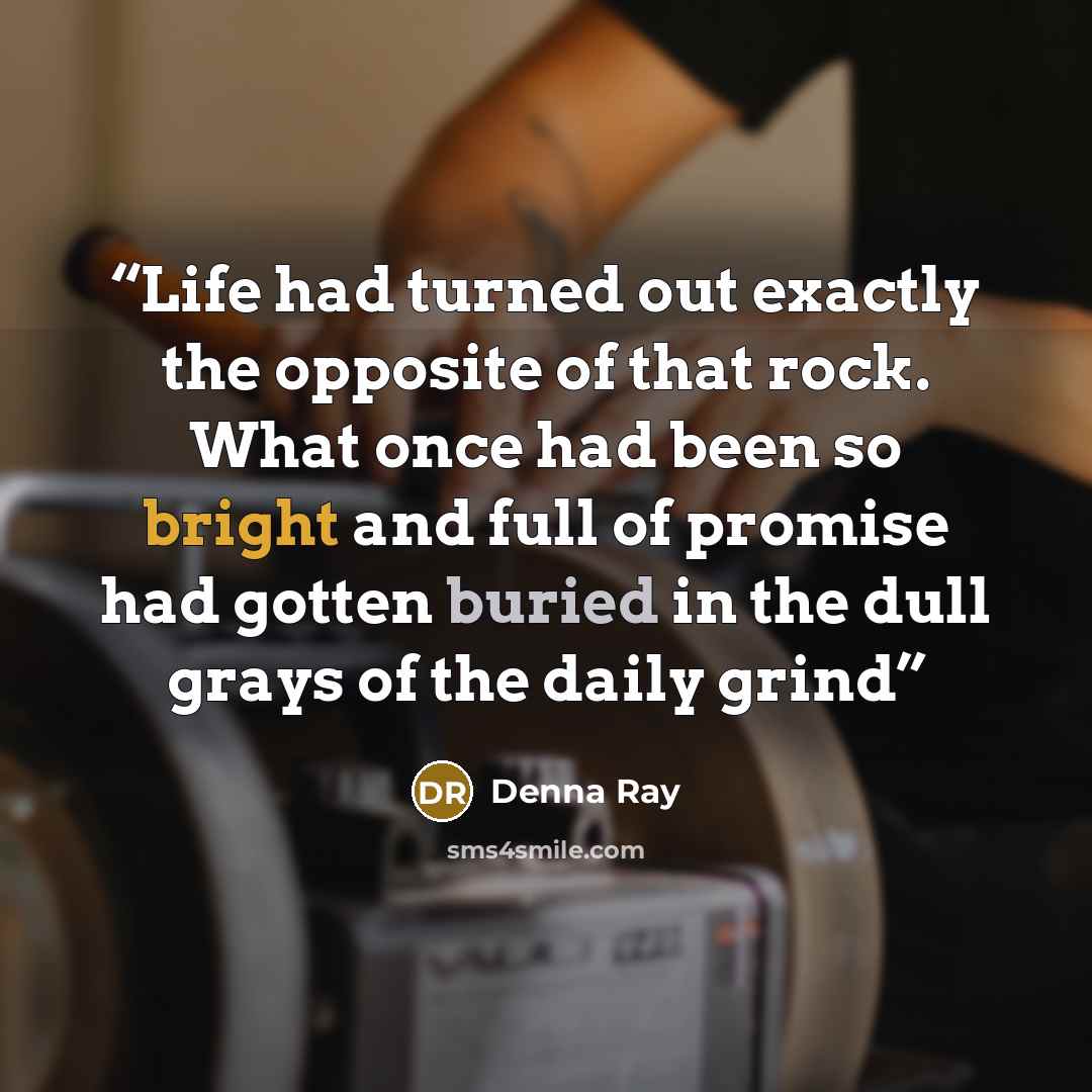 “Life had turned out exactly the opposite of that rock. What once had been so bright and full of promise had gotten buried in the dull grays of the daily grind” quote by Denna Ray