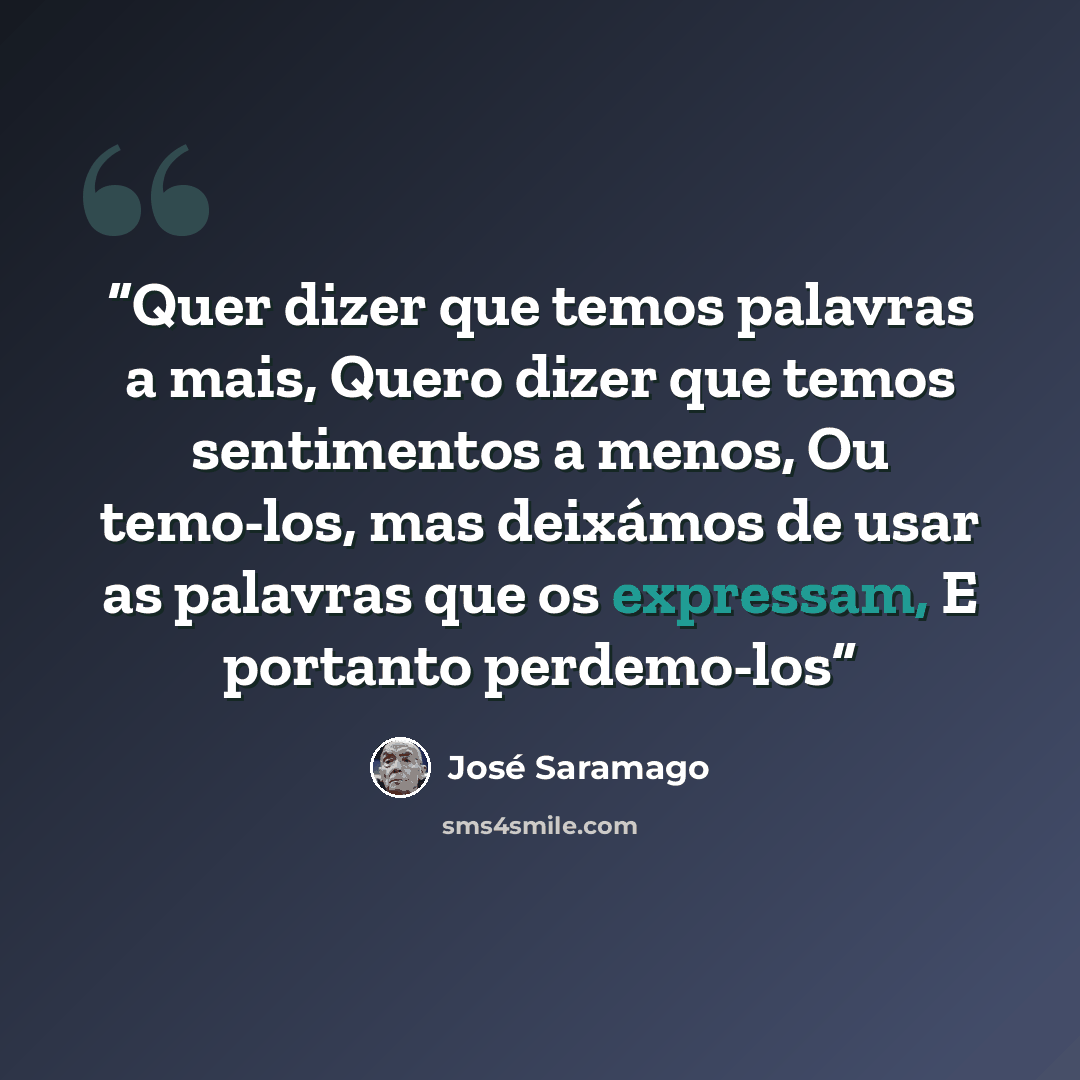“Quer dizer que temos palavras a mais, Quero dizer que temos sentimentos a menos, Ou temo-los, mas deixámos de usar as palavras que os expressam, E portanto perdemo-los” quote by José Saramago