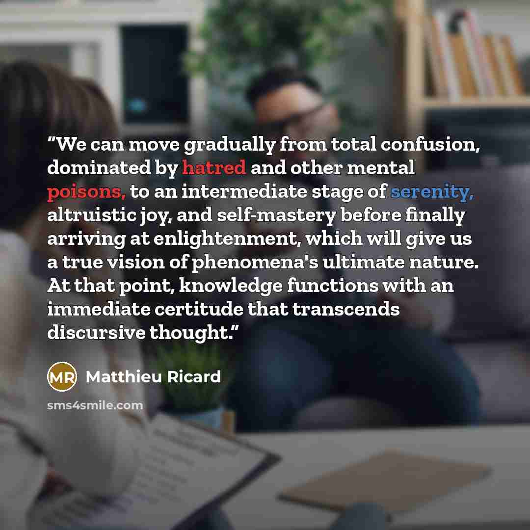 “We can move gradually from total confusion, dominated by hatred and other mental poisons, to an intermediate stage of serenity, altruistic joy, and self-mastery before finally arriving at enlightenment, which will give us a true vision of phenomena's ultimate nature. At that point, knowledge…” quote by Matthieu Ricard