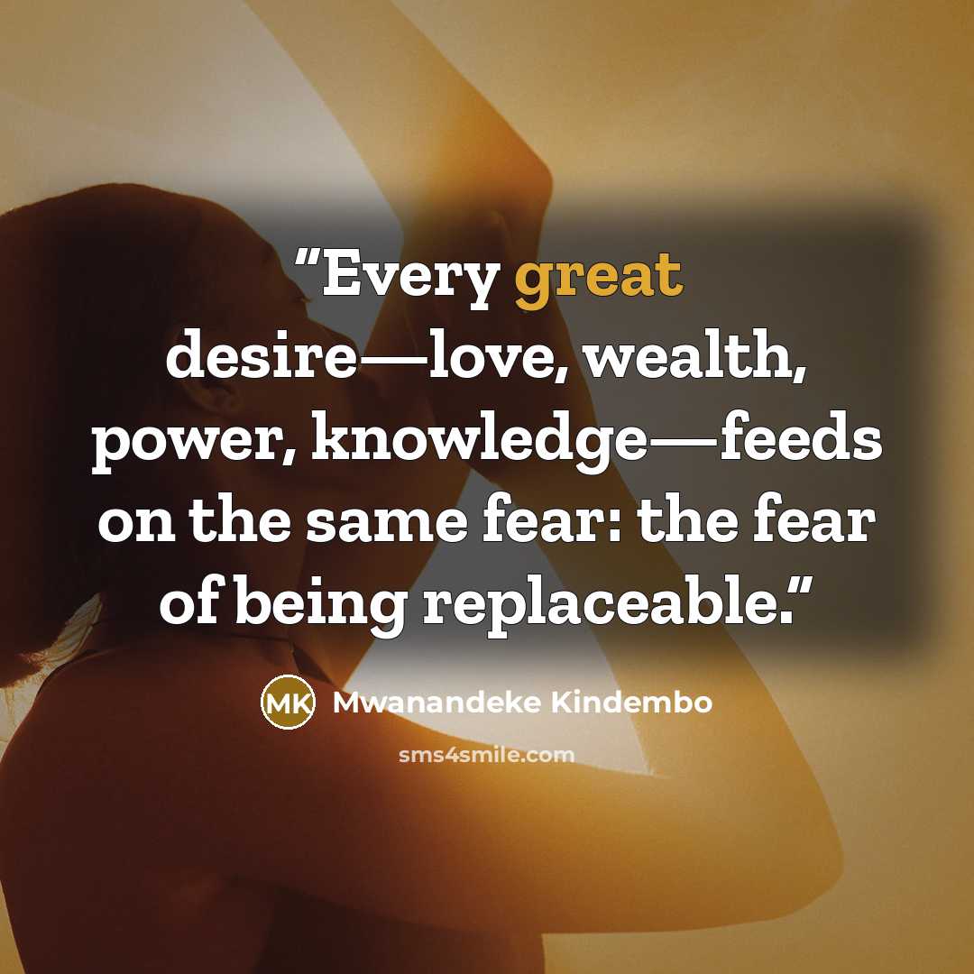 “Every great desire—love, wealth, power, knowledge—feeds on the same fear: the fear of being replaceable.” quote by Mwanandeke Kindembo