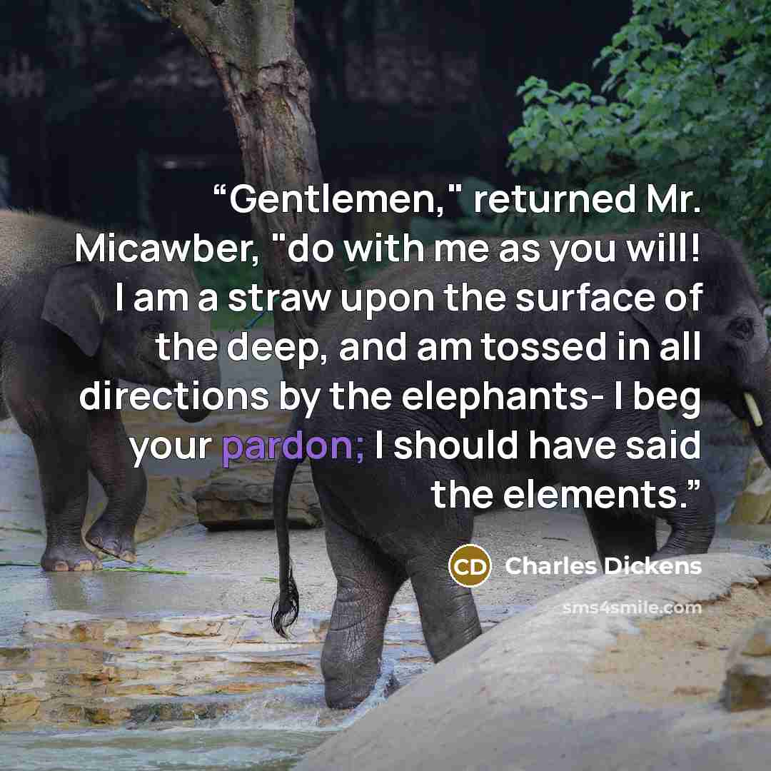 “Gentlemen," returned Mr. Micawber, "do with me as you will! I am a straw upon the surface of the deep, and am tossed in all directions by the elephants- I beg your pardon; I should have said the elements.” quote by Charles Dickens