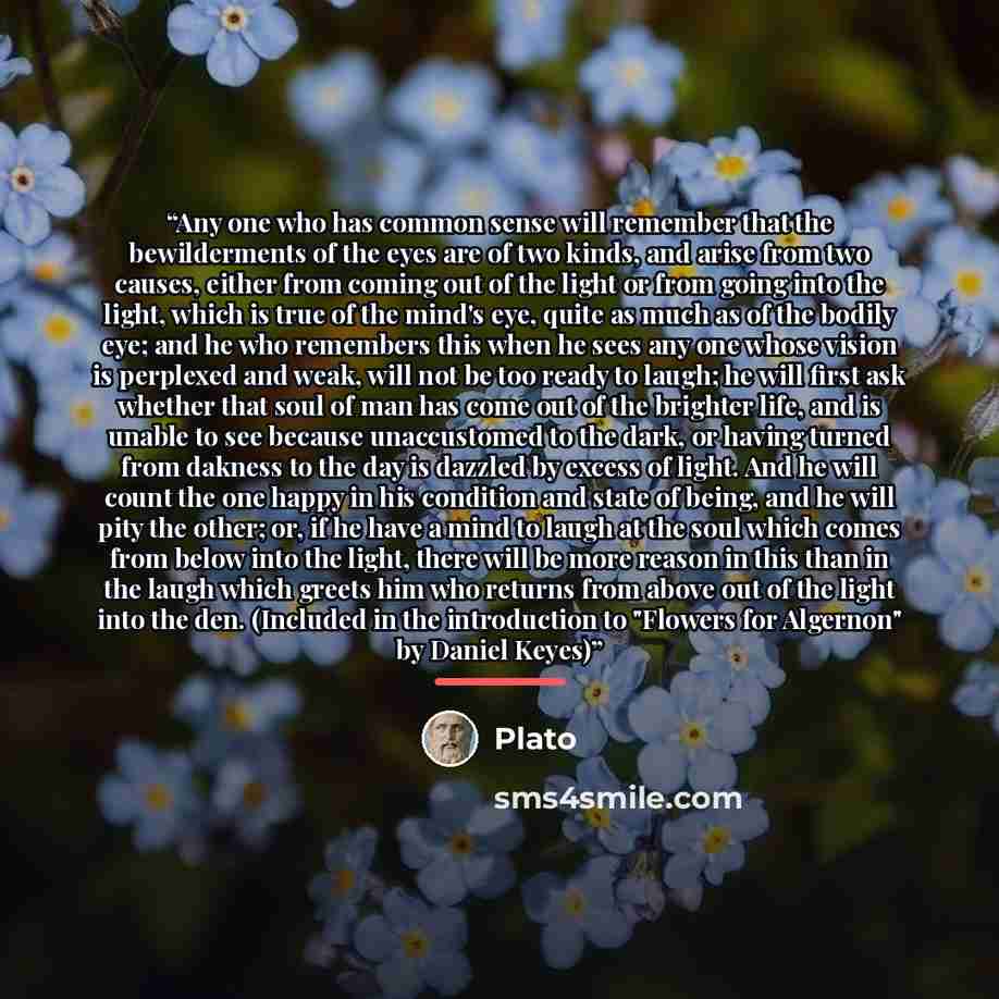 “Any one who has common sense will remember that the bewilderments of the eyes are of two kinds, and arise from two causes, either from coming out of the light or from going into the light, which is true of the mind's eye, quite as much as of the bodily eye; and he who remembers this when he sees…” quote by Plato