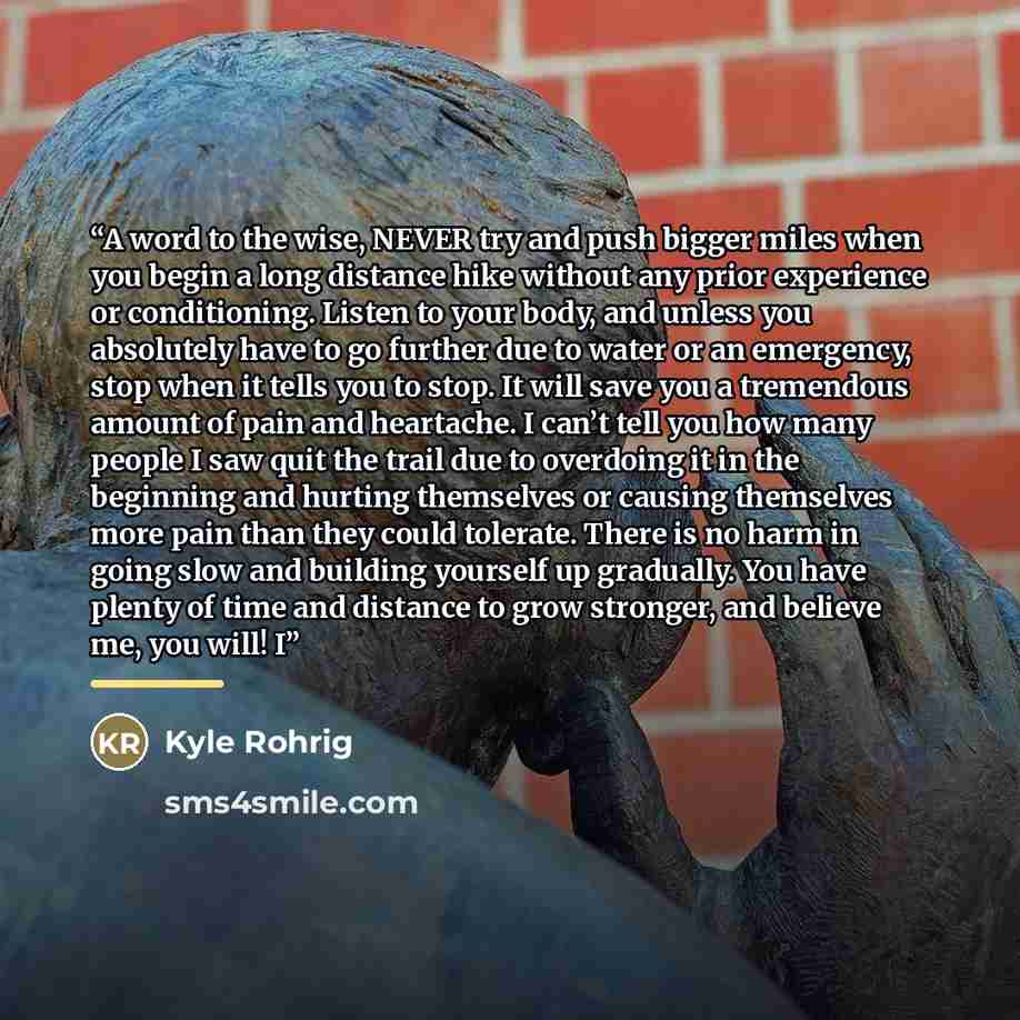 “A word to the wise, NEVER try and push bigger miles when you begin a long distance hike without any prior experience or conditioning. Listen to your body, and unless you absolutely have to go further due to water or an emergency, stop when it tells you to stop. It will save you a tremendous amount…” quote by Kyle Rohrig