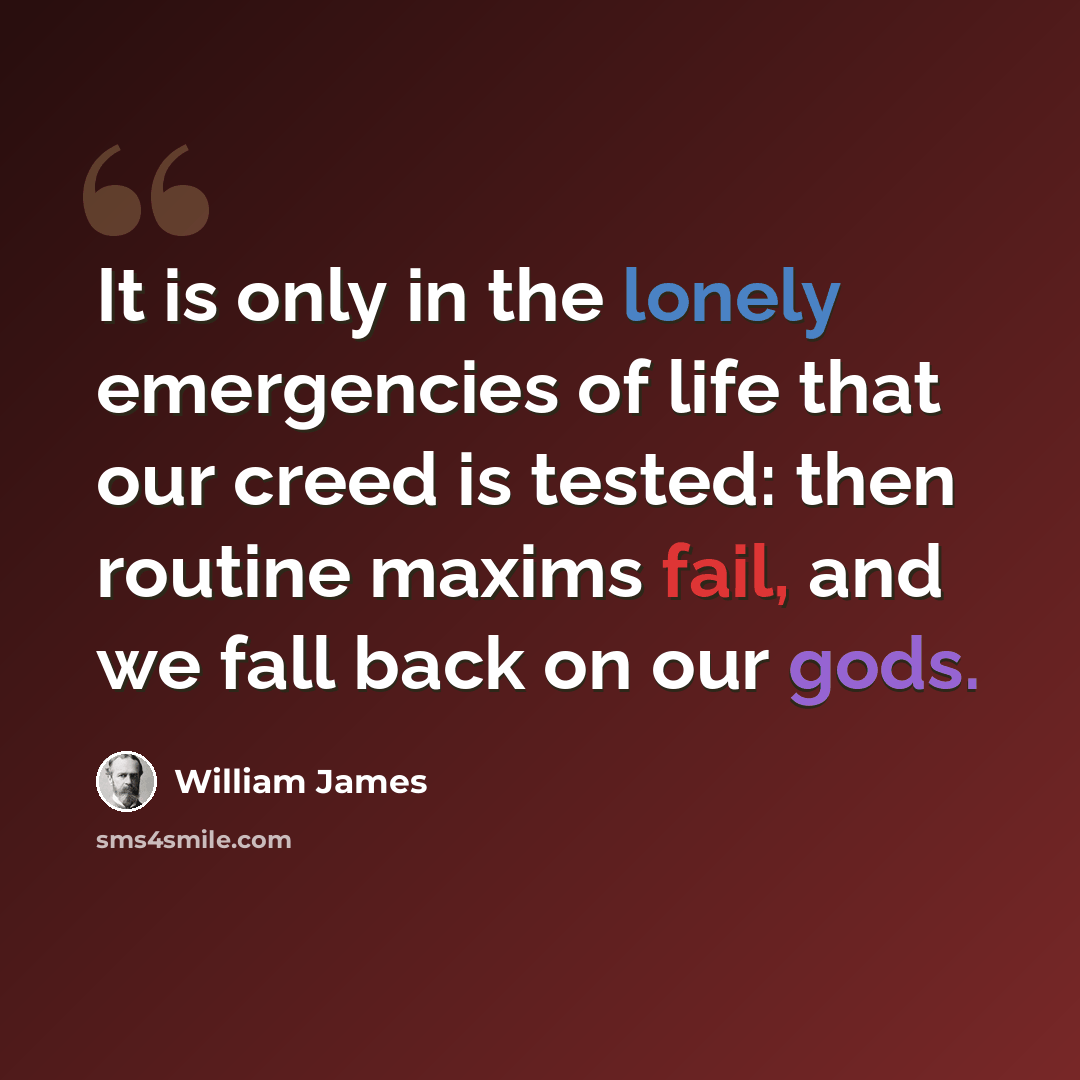 “It is only in the lonely emergencies of life that our creed is tested: then routine maxims fail, and we fall back on our gods.” quote by William James