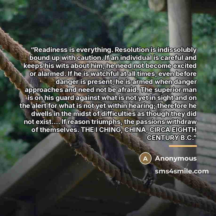 “Readiness is everything. Resolution is indissolubly bound up with caution. If an individual is careful and keeps his wits about him, he need not become excited or alarmed. If he is watchful at all times, even before danger is present, he is armed when danger approaches and need not be afraid. The…” quote by Anonymous