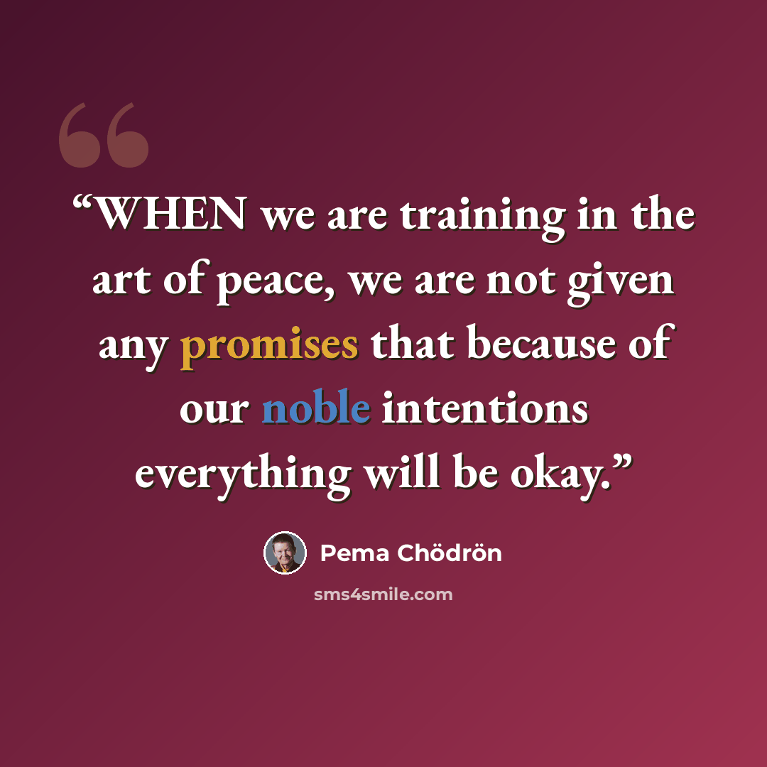“WHEN we are training in the art of peace, we are not given any promises that because of our noble intentions everything will be okay.” quote by Pema Chödrön