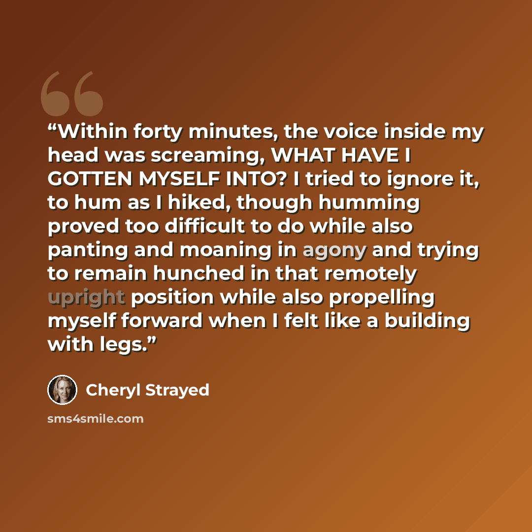 “Within forty minutes, the voice inside my head was screaming, WHAT HAVE I GOTTEN MYSELF INTO? I tried to ignore it, to hum as I hiked, though humming proved too difficult to do while also panting and moaning in agony and trying to remain hunched in that remotely upright position while also…” quote by Cheryl Strayed