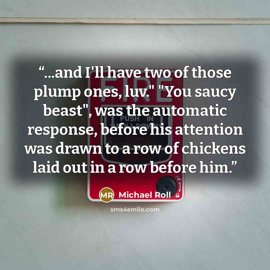 “...and I'll have two of those plump ones, luv." "You saucy beast", was the automatic response, before his attention was drawn to a row of chickens laid out in a row before him.” quote by Michael Roll