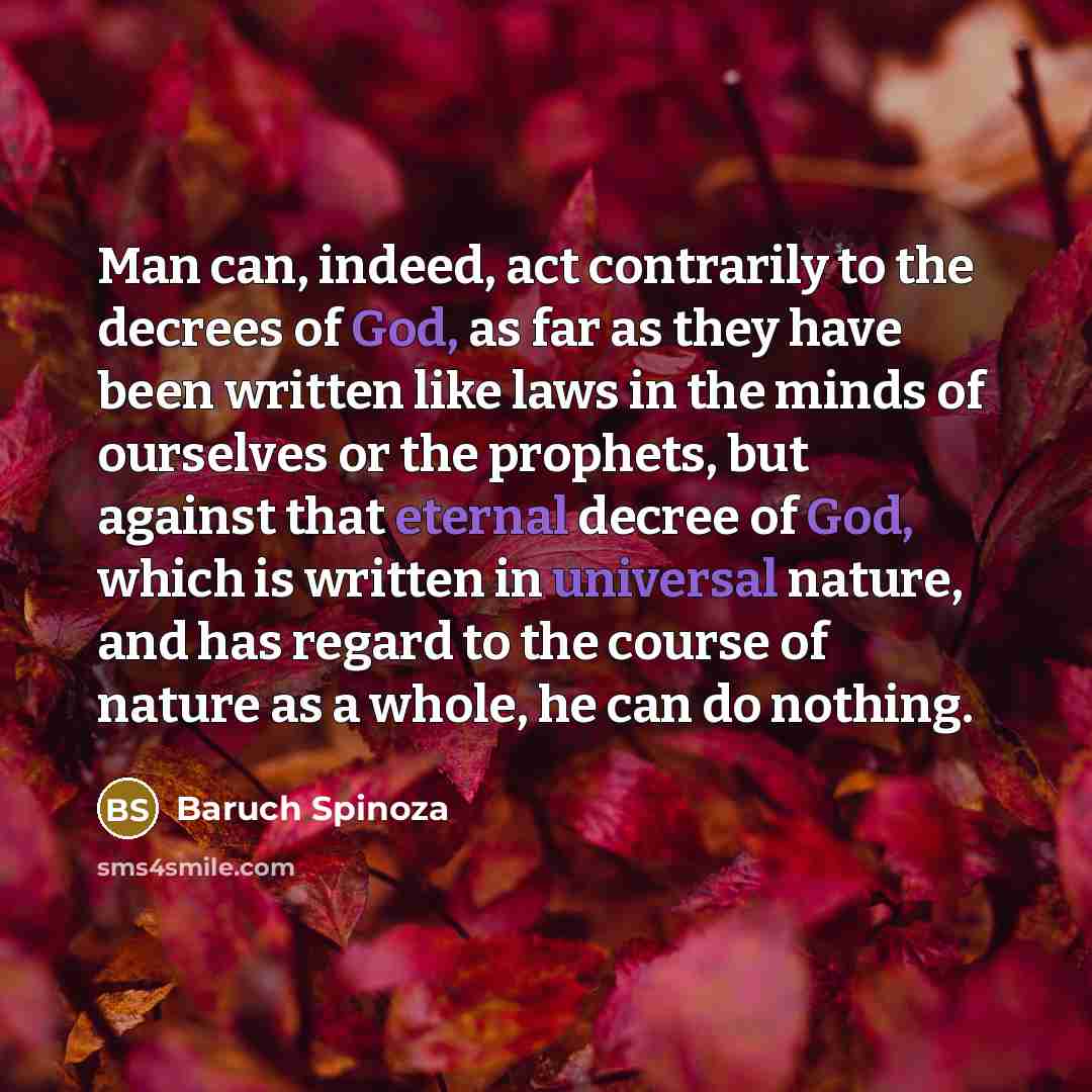 “Man can, indeed, act contrarily to the decrees of God, as far as they have been written like laws in the minds of ourselves or the prophets, but against that eternal decree of God, which is written in universal nature, and has regard to the course of nature as a whole, he can do nothing.” quote by Baruch Spinoza