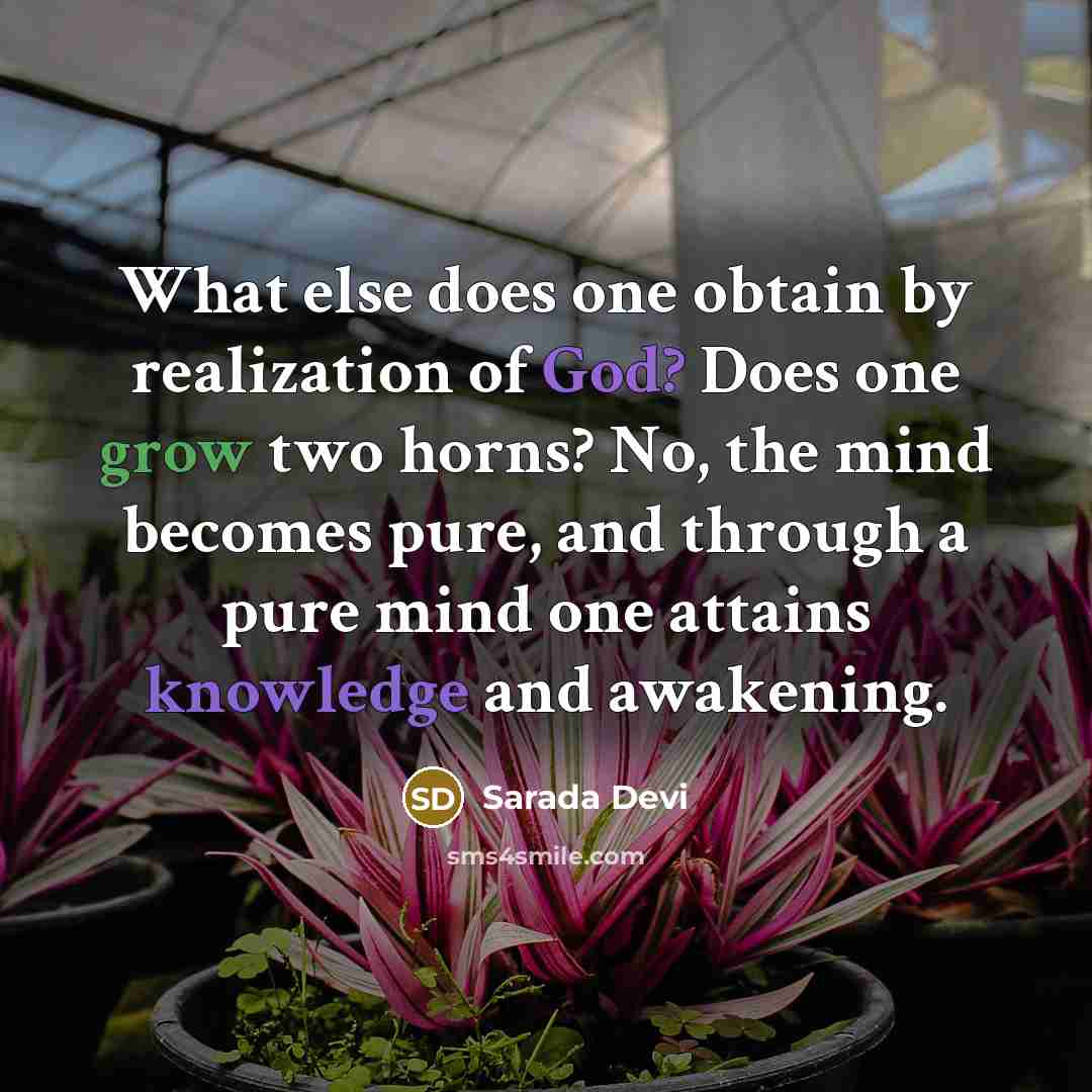 “What else does one obtain by realization of God? Does one grow two horns? No, the mind becomes pure, and through a pure mind one attains knowledge and awakening.” quote by Sarada Devi