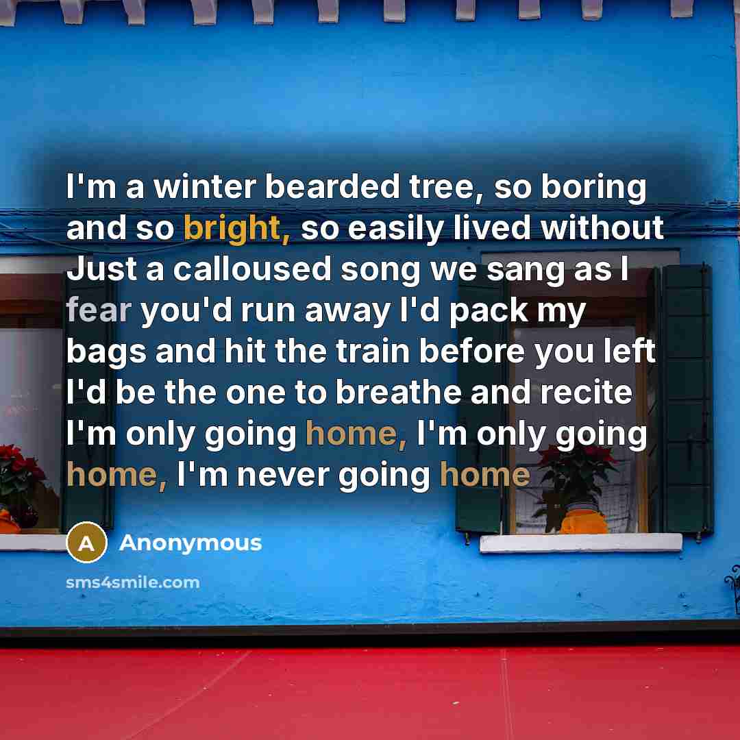 “I'm a winter bearded tree, so boring and so bright, so easily lived without Just a calloused song we sang as I fear you'd run away I'd pack my bags and hit the train before you left I'd be the one to breathe and recite I'm only going home, I'm only going home, I'm never going home” quote by Anonymous