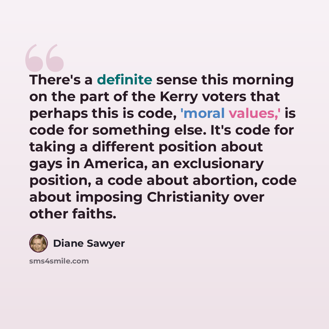 “There's a definite sense this morning on the part of the Kerry voters that perhaps this is code, 'moral values,' is code for something else. It's code for taking a different position about gays in America, an exclusionary position, a code about abortion, code about imposing Christianity over other…” quote by Diane Sawyer