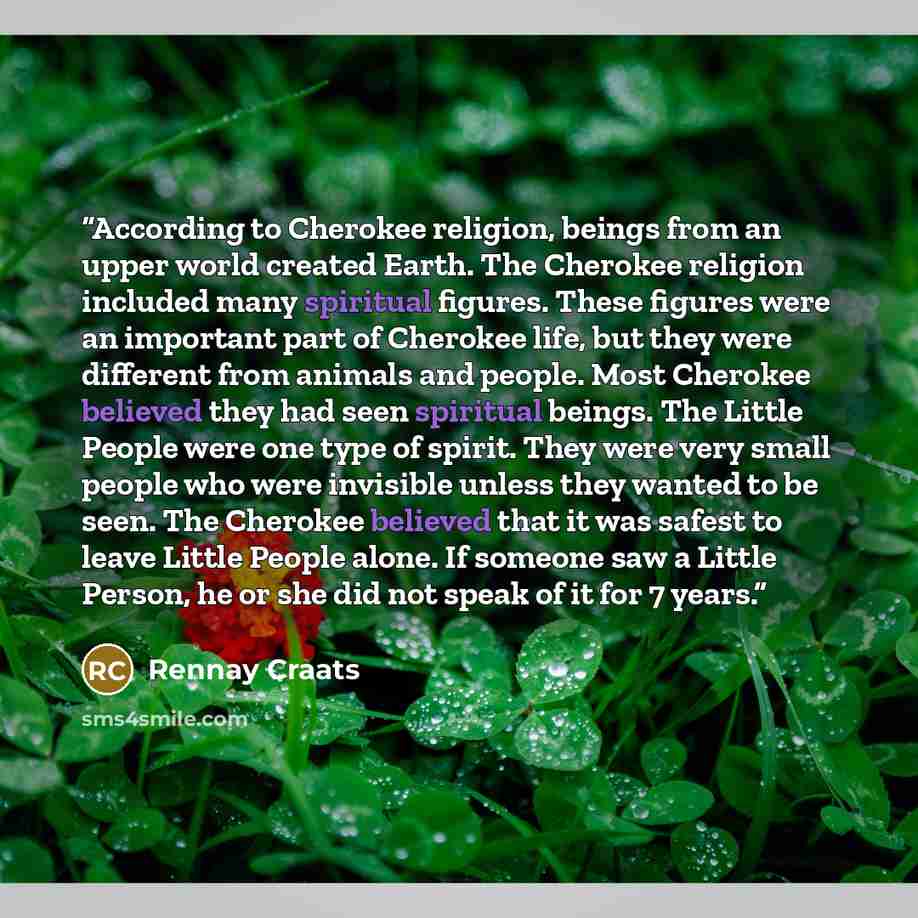 “According to Cherokee religion, beings from an upper world created Earth. The Cherokee religion included many spiritual figures. These figures were an important part of Cherokee life, but they were different from animals and people. Most Cherokee believed they had seen spiritual beings. The Little…” quote by Rennay Craats