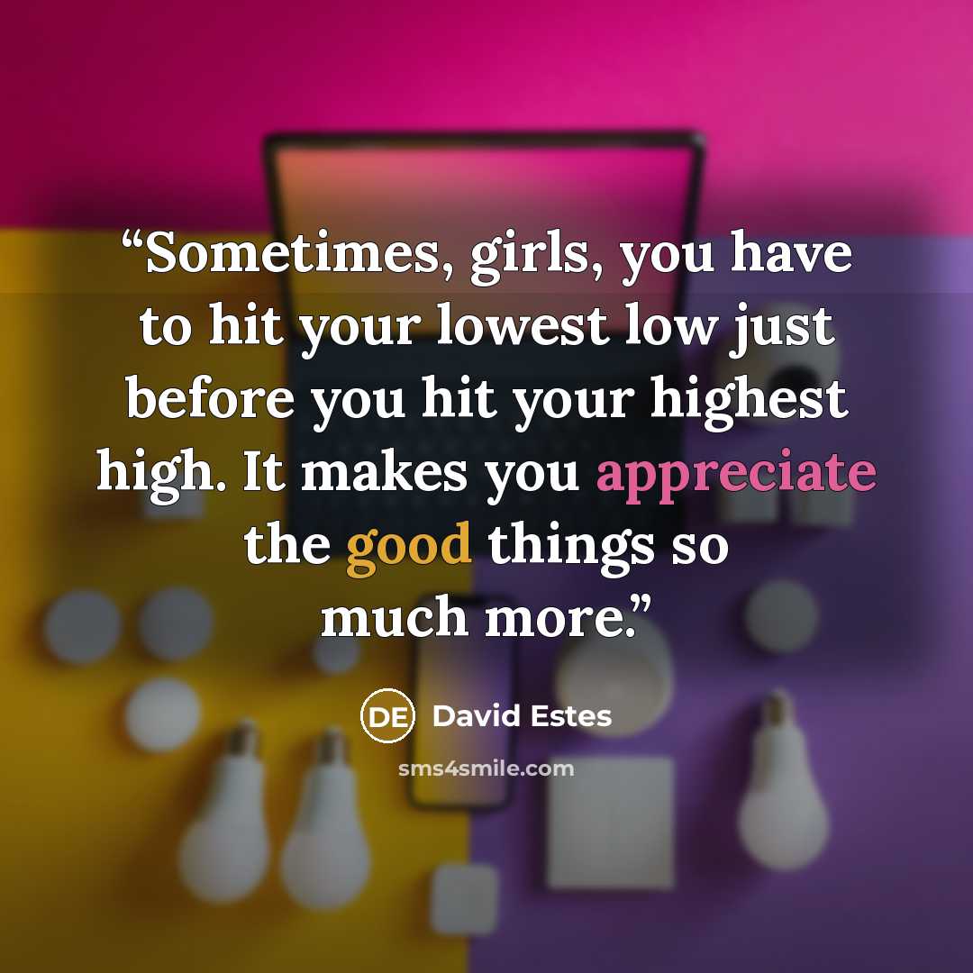 “Sometimes, girls, you have to hit your lowest low just before you hit your highest high. It makes you appreciate the good things so much more.” quote by David Estes