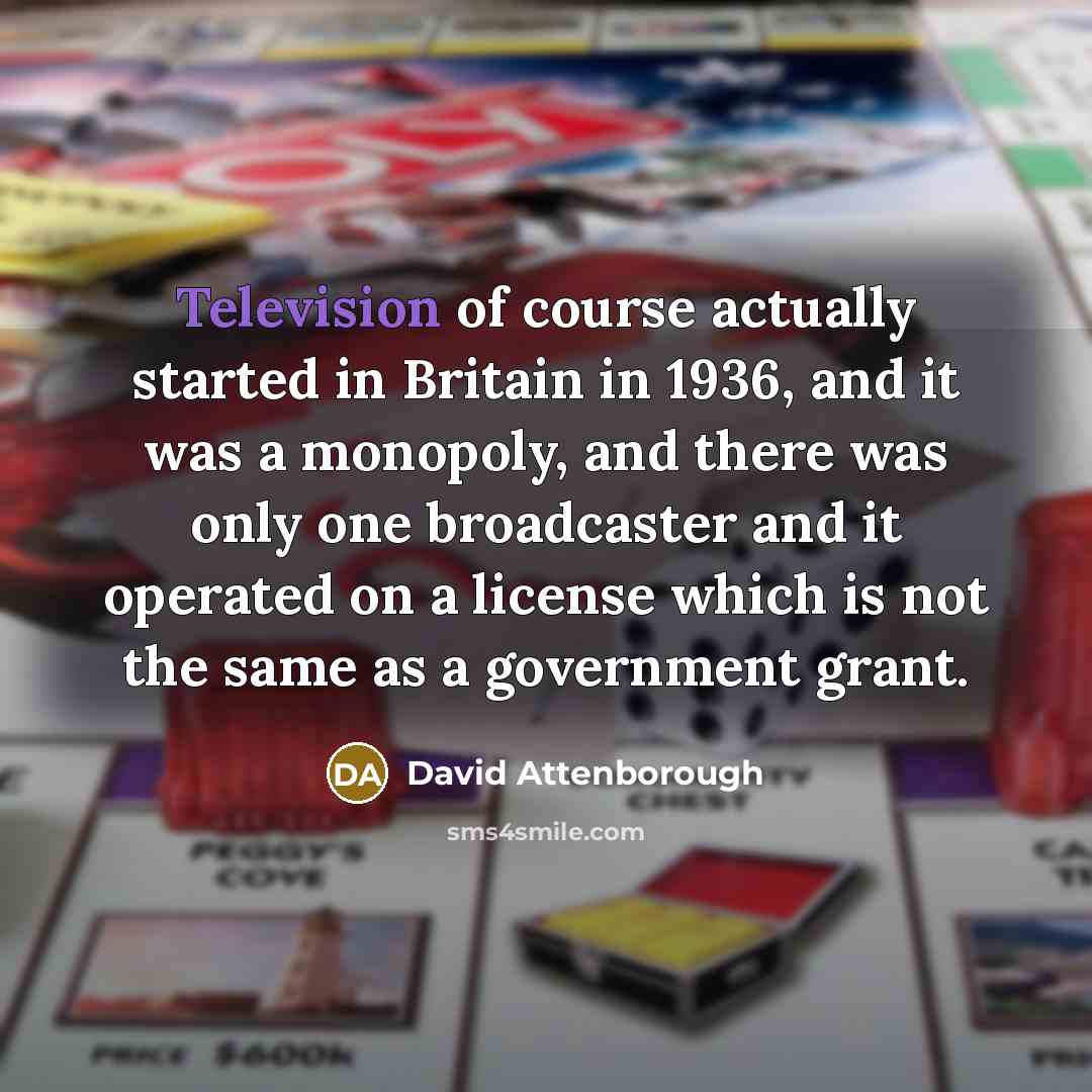 “Television of course actually started in Britain in 1936, and it was a monopoly, and there was only one broadcaster and it operated on a license which is not the same as a government grant.” quote by David Attenborough