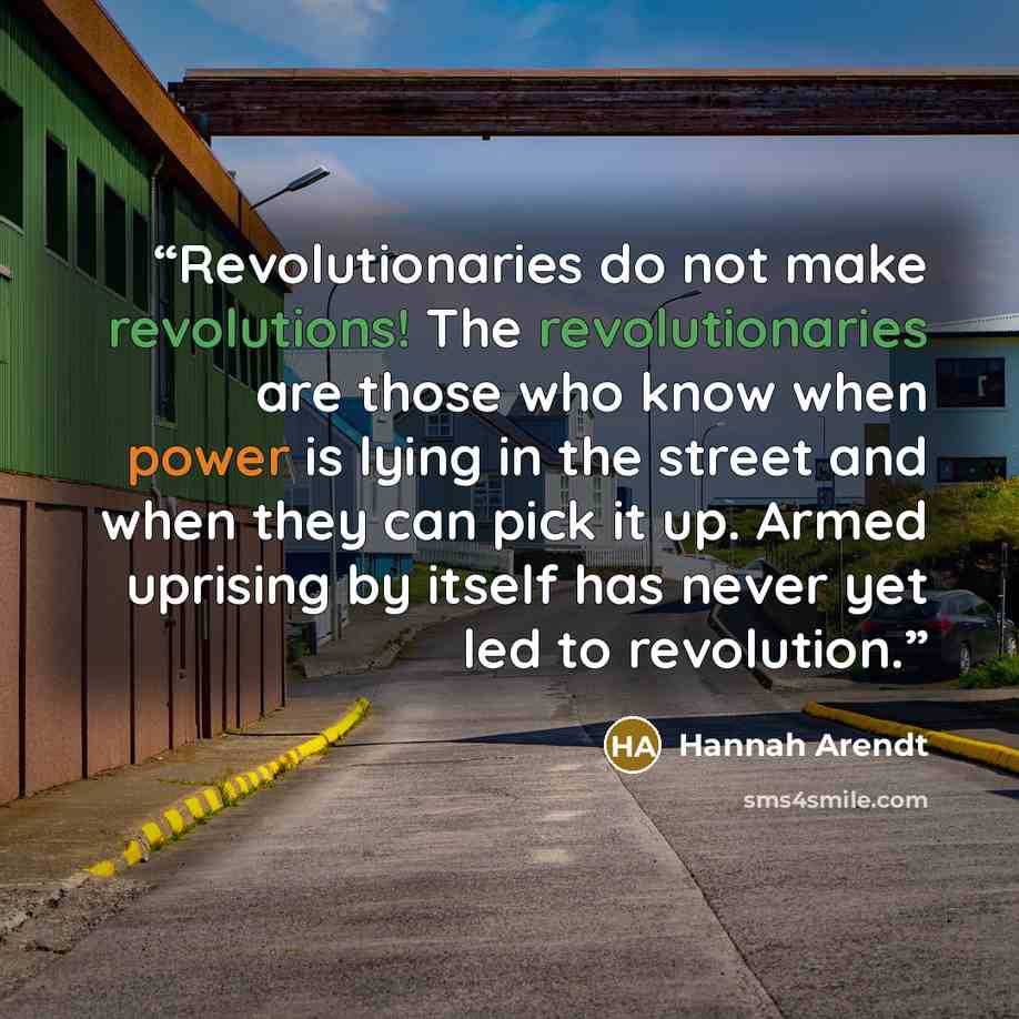 “Revolutionaries do not make revolutions! The revolutionaries are those who know when power is lying in the street and when they can pick it up. Armed uprising by itself has never yet led to revolution.” quote by Hannah Arendt