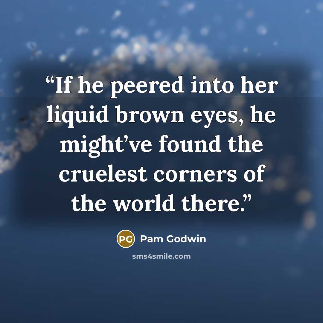 “If he peered into her liquid brown eyes, he might’ve found the cruelest corners of the world there.” quote by Pam Godwin