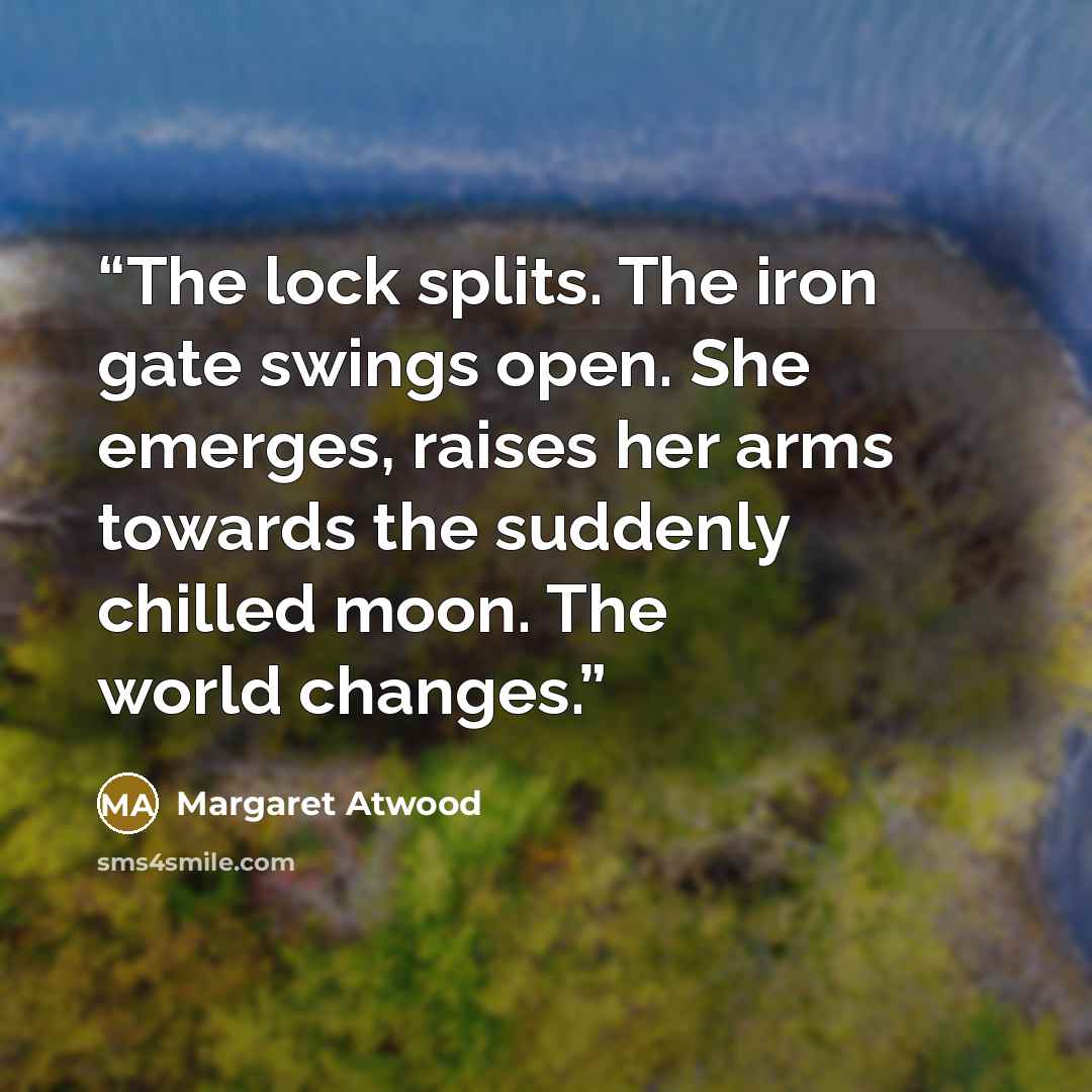 “The lock splits. The iron gate swings open. She emerges, raises her arms towards the suddenly chilled moon. The world changes.” quote by Margaret Atwood