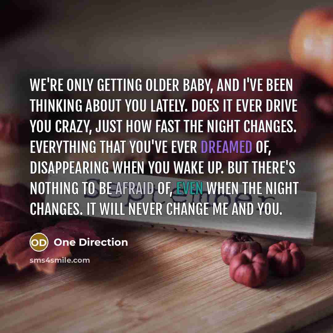 “We're only getting older baby, And I've been thinking about you lately. Does it ever drive you crazy, Just how fast the night changes. Everything that you've ever dreamed of, Disappearing when you wake up. But there's nothing to be afraid of, Even when the night changes. It will never change me…” quote by One Direction