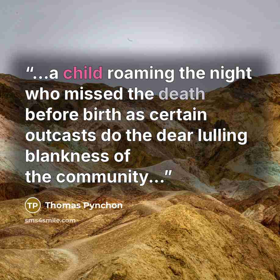 “...a child roaming the night who missed the death before birth as certain outcasts do the dear lulling blankness of the community...” quote by Thomas Pynchon