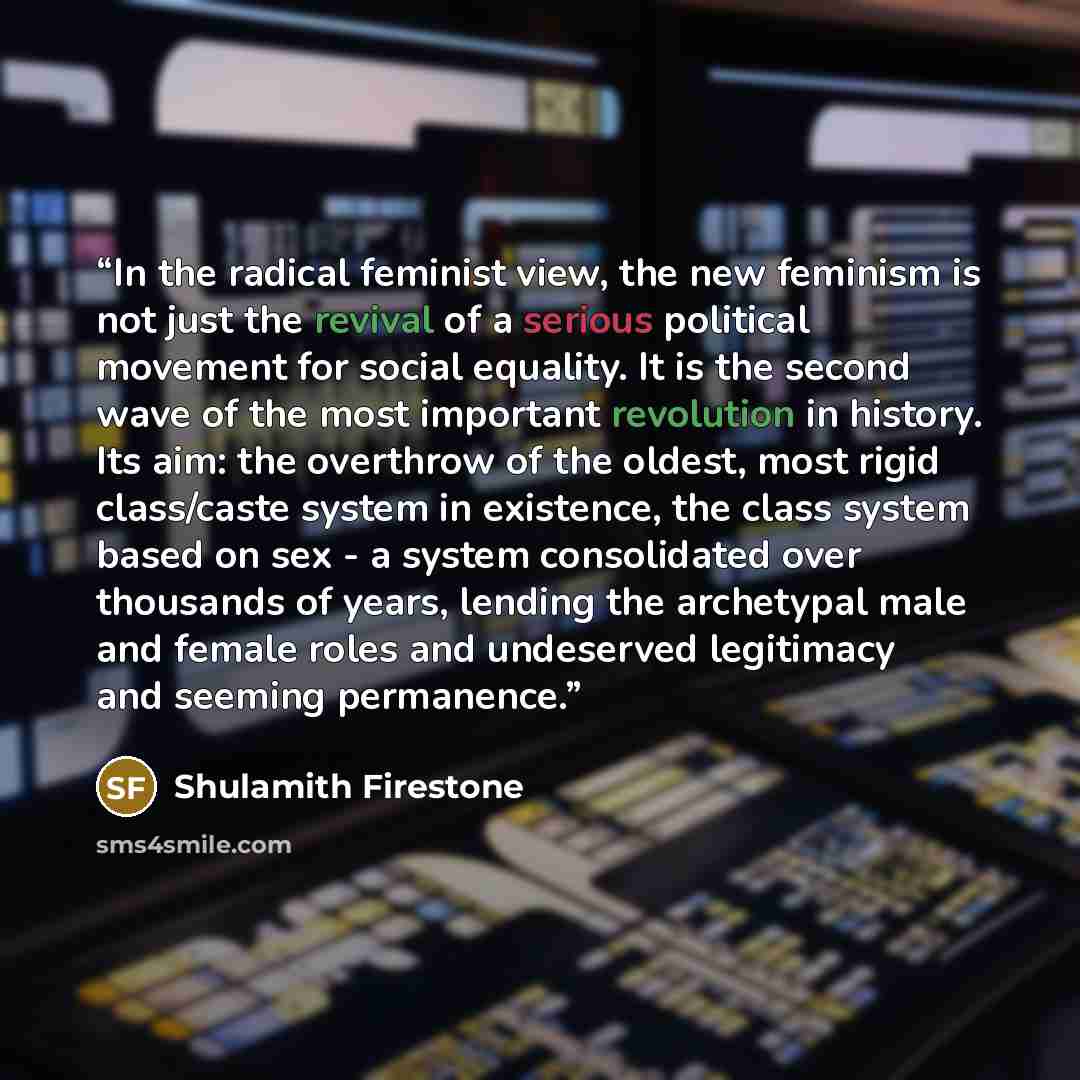 “In the radical feminist view, the new feminism is not just the revival of a serious political movement for social equality. It is the second wave of the most important revolution in history. Its aim: the overthrow of the oldest, most rigid class/caste system in existence, the class system based on…” quote by Shulamith Firestone