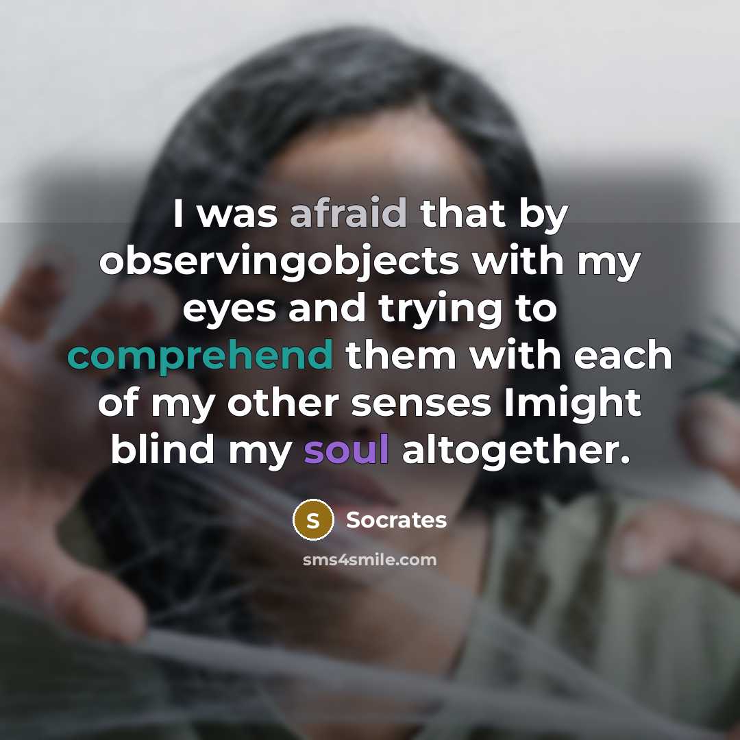 “I was afraid that by observingobjects with my eyes and trying to comprehend them with each of my other senses Imight blind my soul altogether.” quote by Socrates