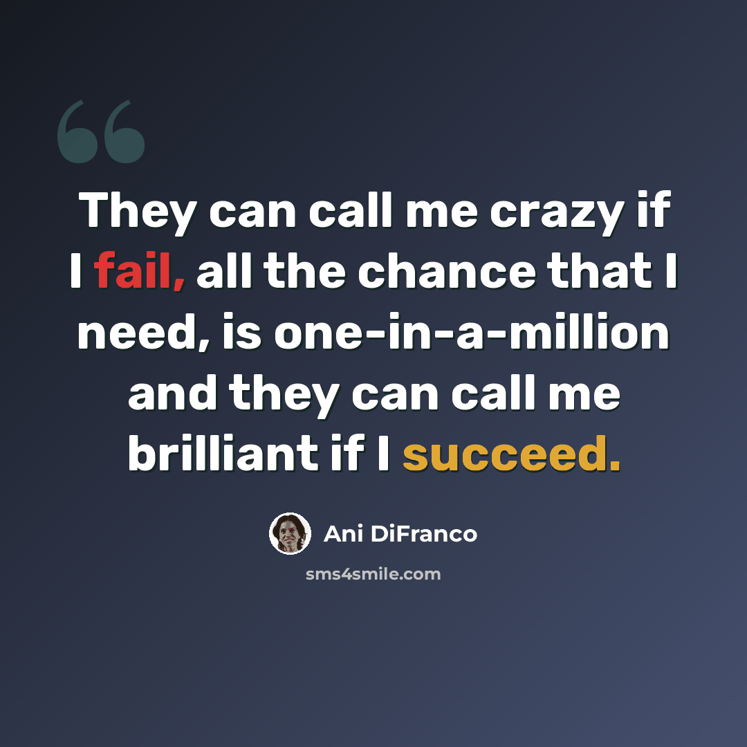 “They can call me crazy if I fail, all the chance that I need, is one-in-a-million and they can call me brilliant if I succeed.” quote by Ani DiFranco