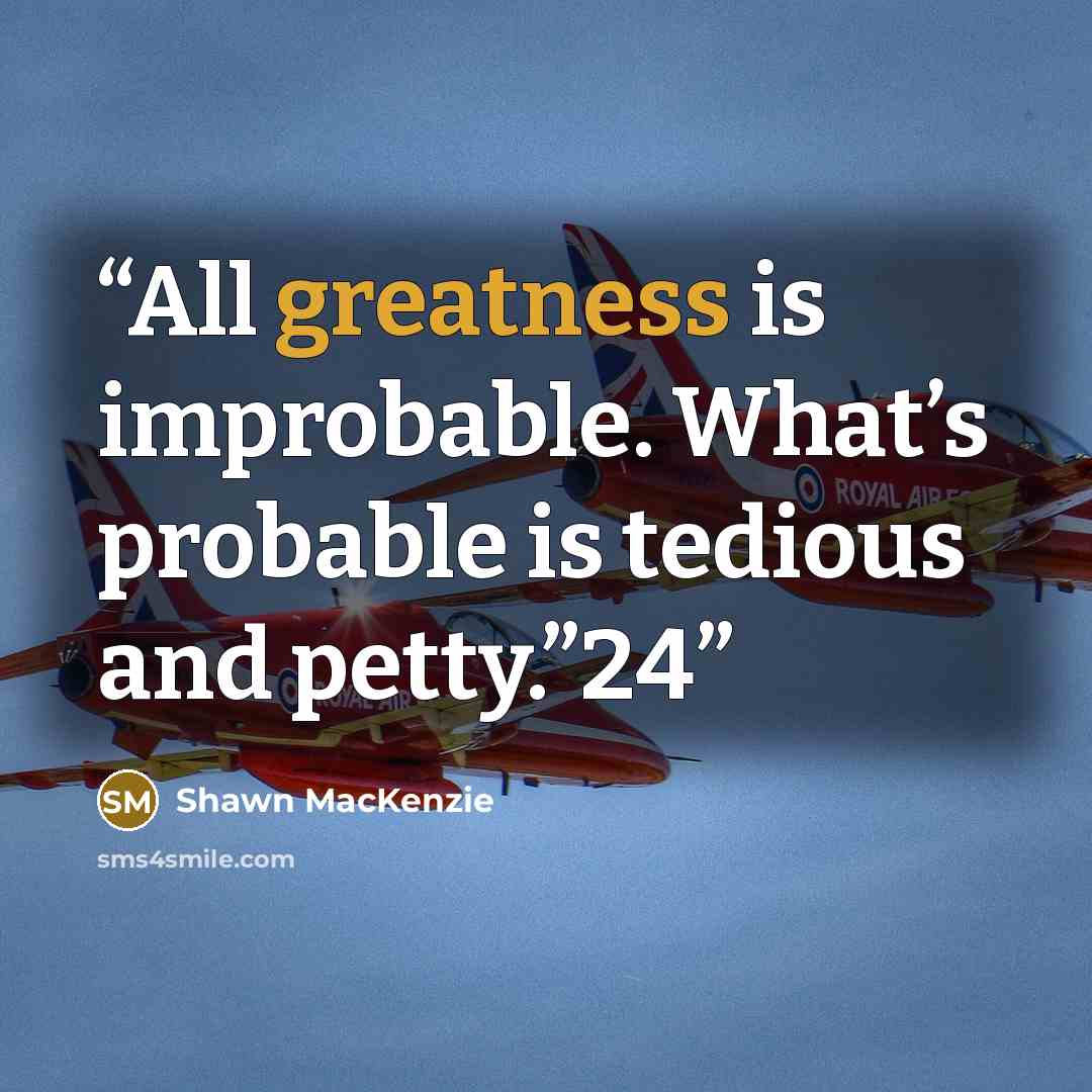 “All greatness is improbable. What’s probable is tedious and petty.”24” quote by Shawn MacKenzie