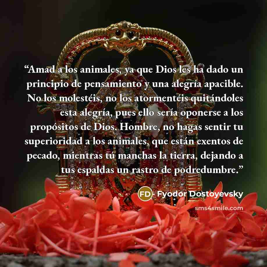 “Amad a los animales, ya que Dios les ha dado un principio de pensamiento y una alegría apacible. No los molestéis, no los atormentéis quitándoles esta alegría, pues ello sería oponerse a los propósitos de Dios. Hombre, no hagas sentir tu superioridad a los animales, que están exentos de pecado…” quote by Fyodor Dostoyevsky