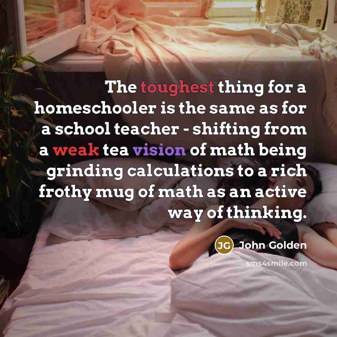 “The toughest thing for a homeschooler is the same as for a school teacher - shifting from a weak tea vision of math being grinding calculations to a rich frothy mug of math as an active way of thinking.” quote by John Golden