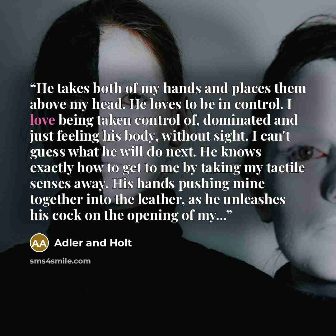 “He takes both of my hands and places them above my head. He loves to be in control. I love being taken control of, dominated and just feeling his body, without sight. I can't guess what he will do next. He knows exactly how to get to me by taking my tactile senses away. His hands pushing mine…” quote by Adler and Holt