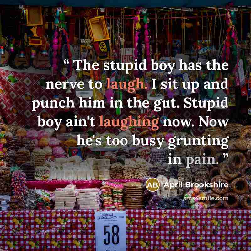 “The stupid boy has the nerve to laugh. I sit up and punch him in the gut. Stupid boy ain't laughing now. Now he's too busy grunting in pain.” quote by April Brookshire