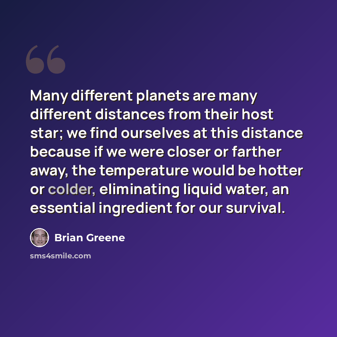 “Many different planets are many different distances from their host star; we find ourselves at this distance because if we were closer or farther away, the temperature would be hotter or colder, eliminating liquid water, an essential ingredient for our survival.” quote by Brian Greene