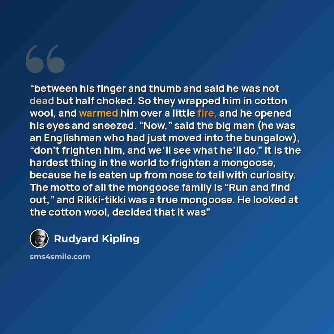 “between his finger and thumb and said he was not dead but half choked. So they wrapped him in cotton wool, and warmed him over a little fire, and he opened his eyes and sneezed. “Now,” said the big man (he was an Englishman who had just moved into the bungalow), “don’t frighten him, and we’ll see…” quote by Rudyard Kipling