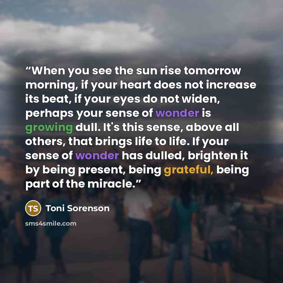 “When you see the sun rise tomorrow morning, if your heart does not increase its beat, if your eyes do not widen, perhaps your sense of wonder is growing dull. It's this sense, above all others, that brings life to life. If your sense of wonder has dulled, brighten it by being present, being…” quote by Toni Sorenson