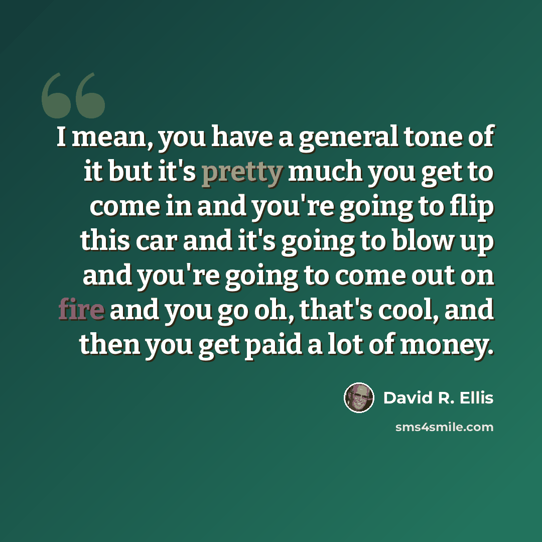 “I mean, you have a general tone of it but it's pretty much you get to come in and you're going to flip this car and it's going to blow up and you're going to come out on fire and you go oh, that's cool, and then you get paid a lot of money.” quote by David R. Ellis