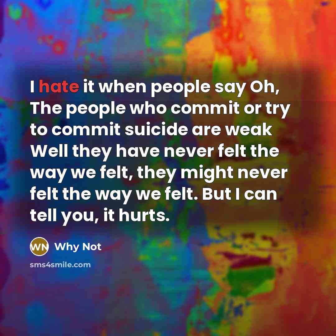 “I hate it when people say Oh, The people who commit or try to commit suicide are weak Well they have never felt the way we felt, they might never felt the way we felt. But I can tell you, it hurts.” quote by Why Not