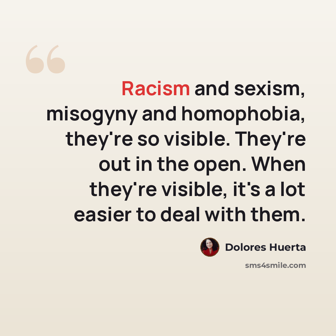 “Racism and sexism, misogyny and homophobia, they're so visible. They're out in the open. When they're visible, it's a lot easier to deal with them.” quote by Dolores Huerta